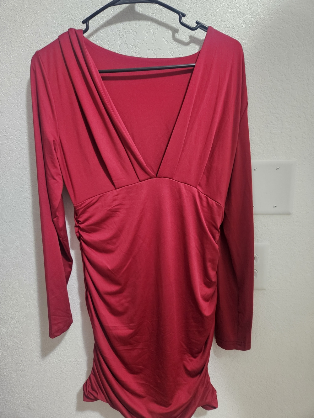 Deep V Long Sleeve Ruched Red Dress. XL
